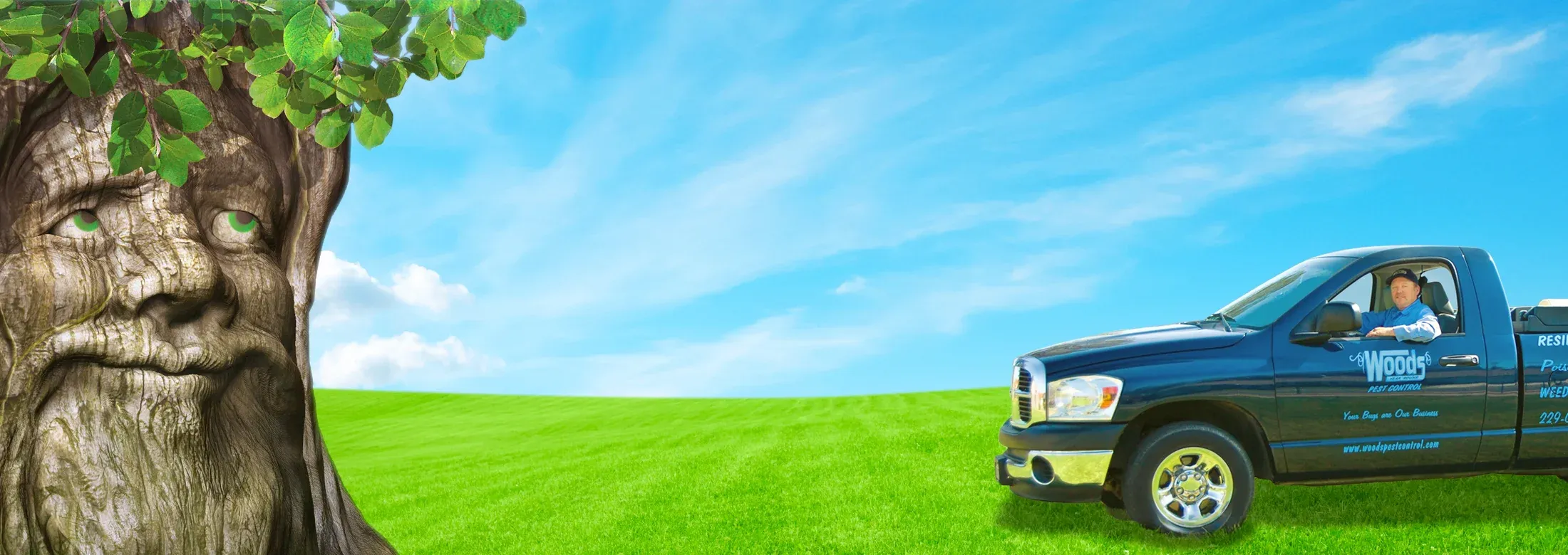 Woods Pest Control branded hero image with tree and truck